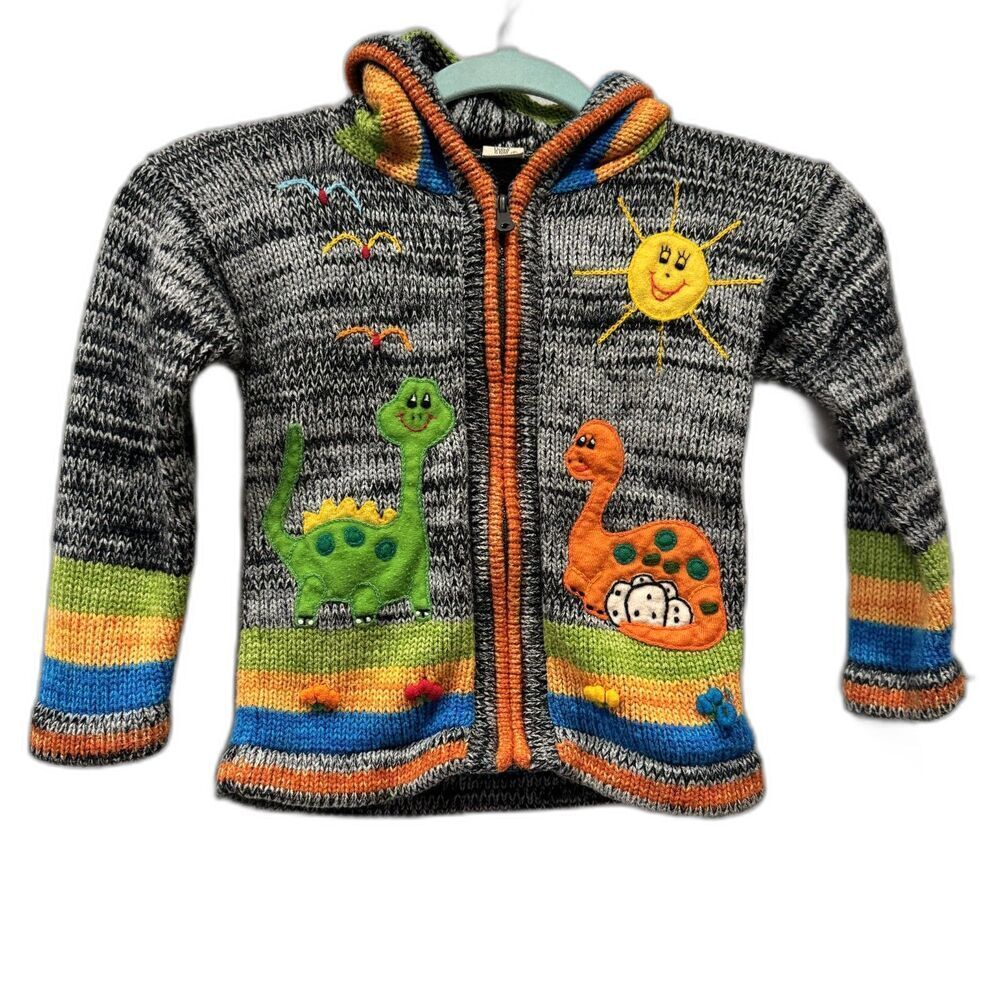Lucy Iburg Cardigan Sweater Toddler 6 Peruvian Cottagecore Dinosaur Hooded Zip